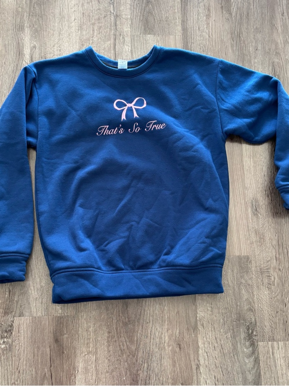 Blue Crewneck Sweatshirt with Pink Bow and Script